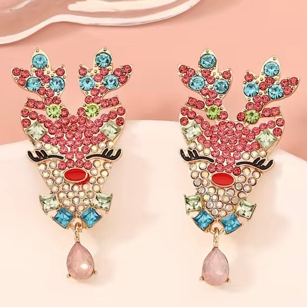 💖 Pink Rhinestone Jewelled Reindeer Dangle Earrings